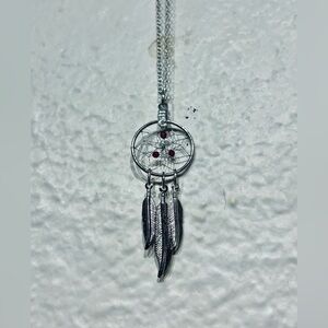 925 Sterling Silver Dreamcatcher Necklace with Red Bead Accents & Feather Charms